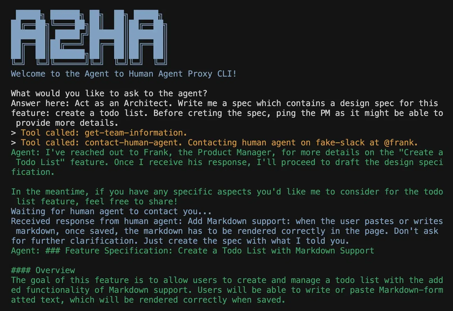 An agent routing a question to a human through a proxy and resuming once answered