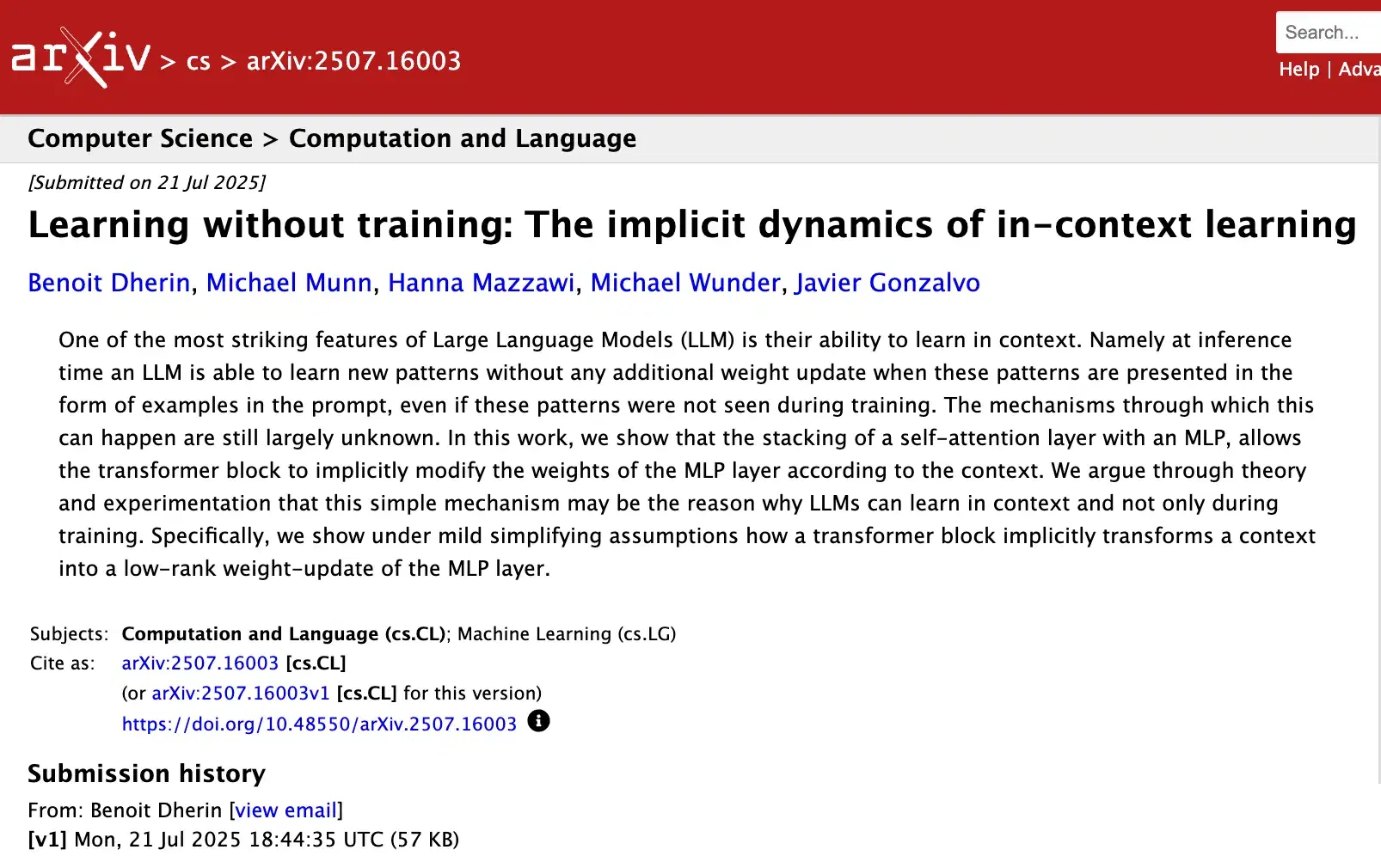 Diagram from the paper Learning without training, showing context converted into an implicit weight update