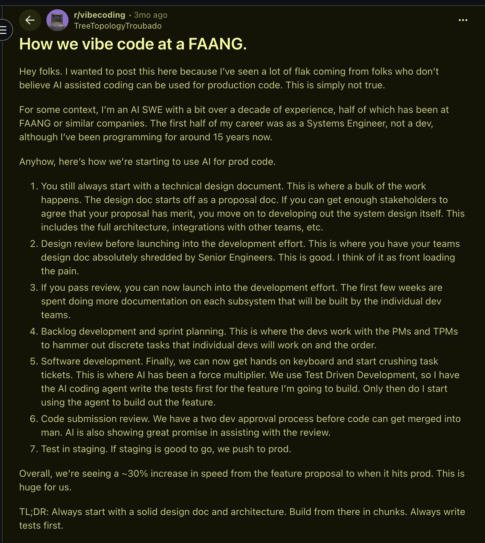 A Reddit thread describing spec-first workflows at large tech companies