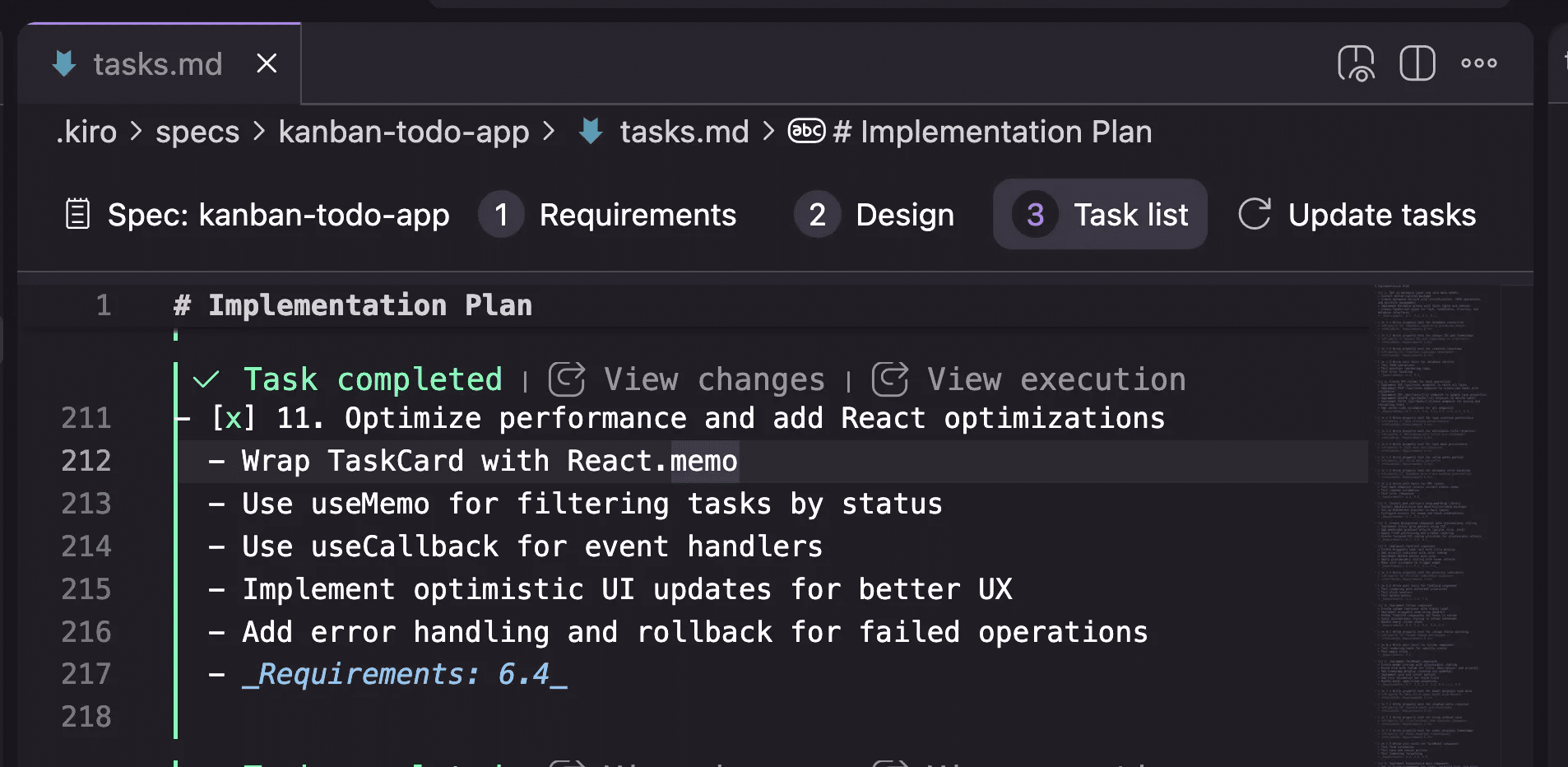 The Kiro interface, showing specs, tasks and diffs side by side